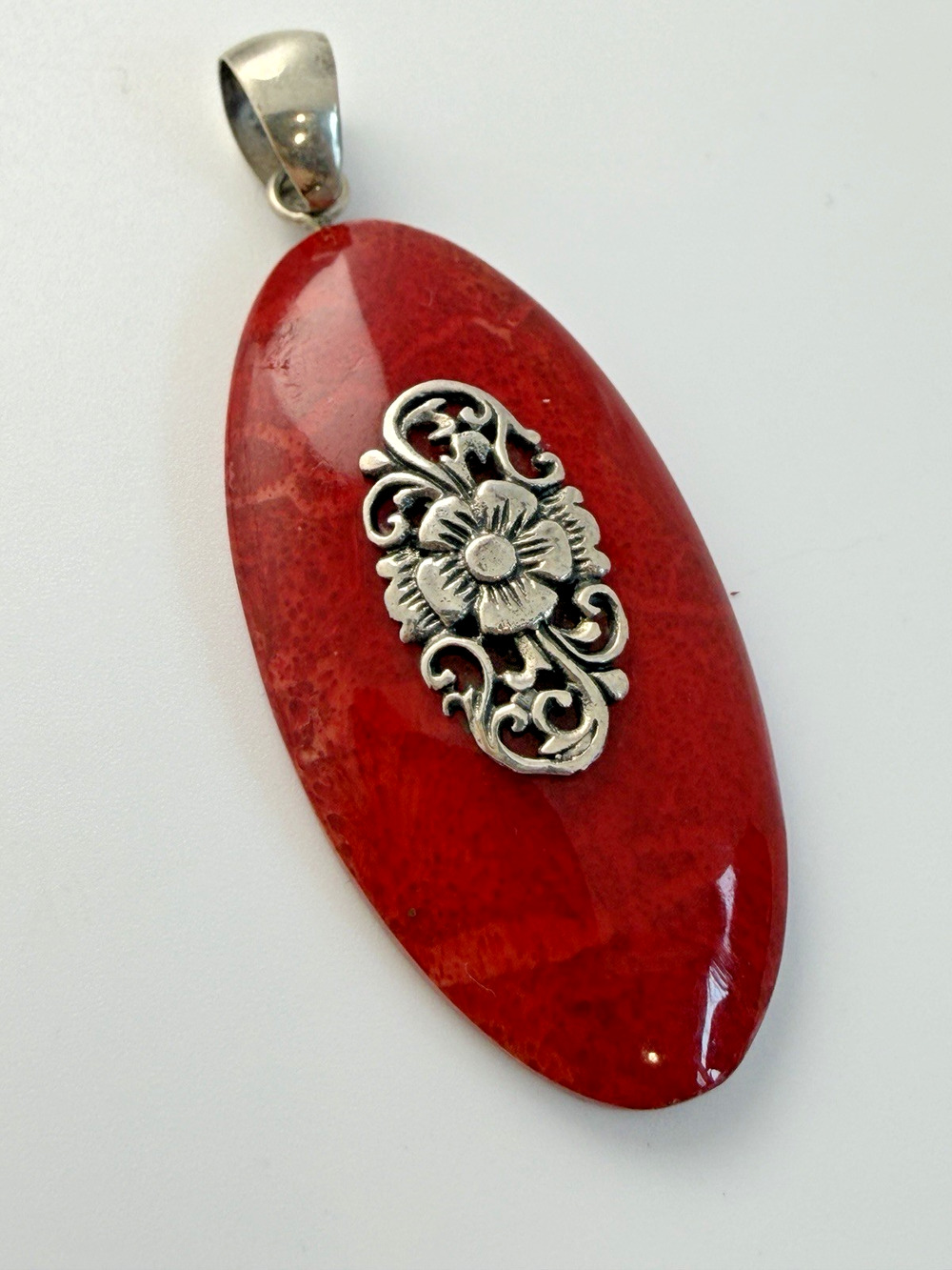 Vintage Sterling Silver And Coral Ornate Floral Pendant 925